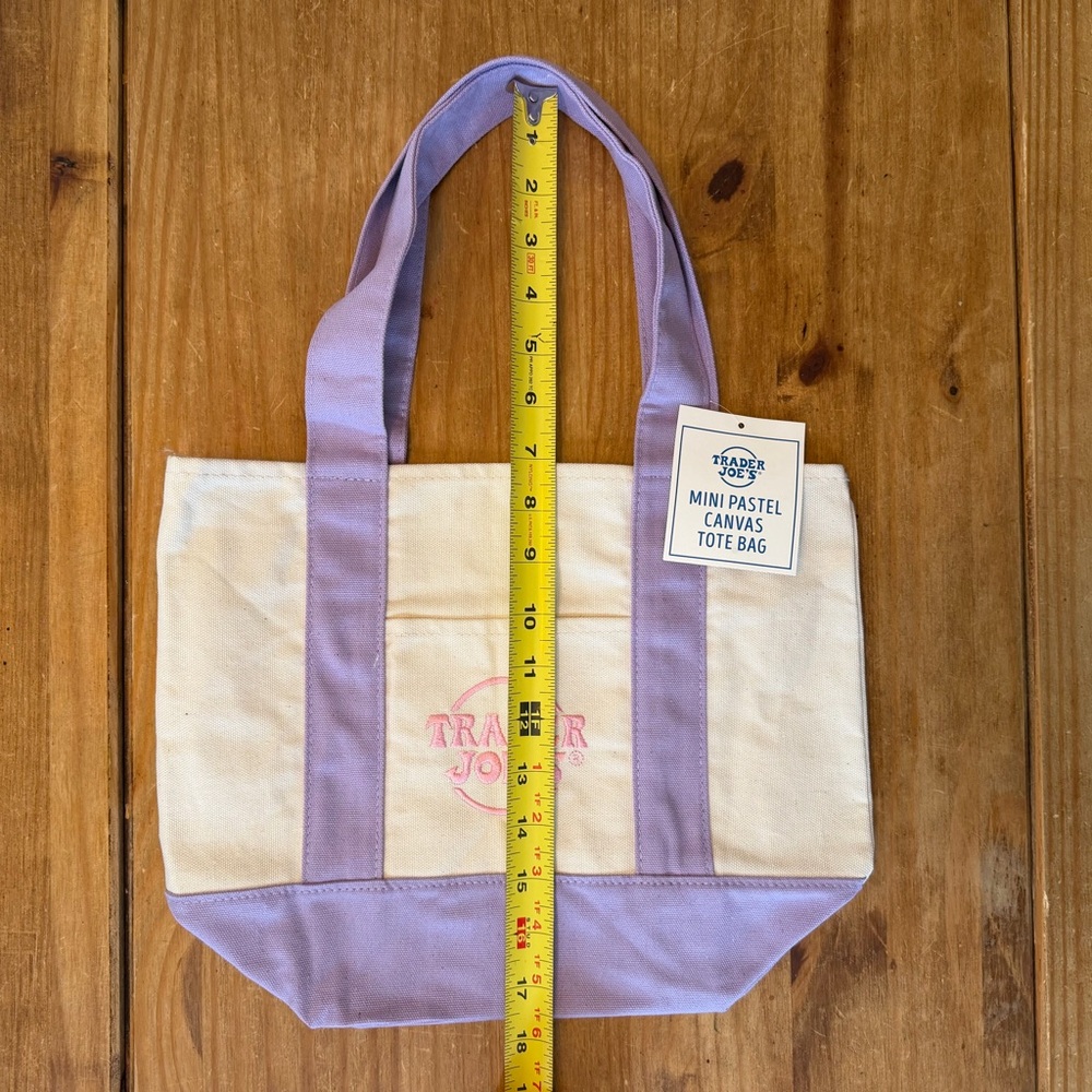 MINI NWT Trader Joe’s Mini Canvas Reusable Tote Bag - Cream with Lavender Straps - Picture 4 of 9